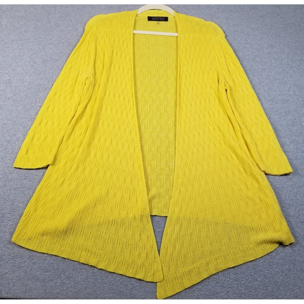 Kasper Cardigan Sweater Women's Large L Yellow Open Front‎ 3/4 Sleeve Sheer Knit